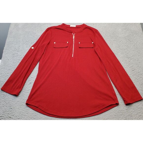 Bulotus Tunic‎ Top Womens Medium Dark Red Chest Pockets Long Sleeve Quarter Zip - Picture 1 of 7